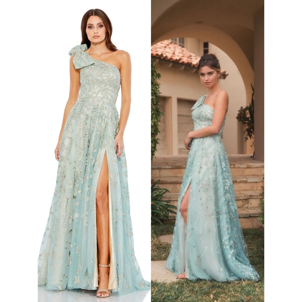 NWT Mac Duggal Green Embellished Bow One Shoulder A Line Gown $898 Size 10